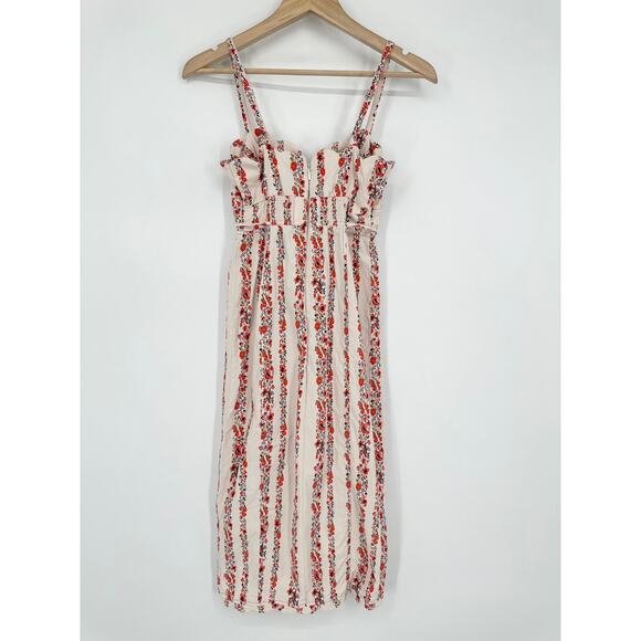 Anthropologie Slim Scalloped Corset Dress Floral Striped Belted Button Slit Midi - Picture 10 of 14